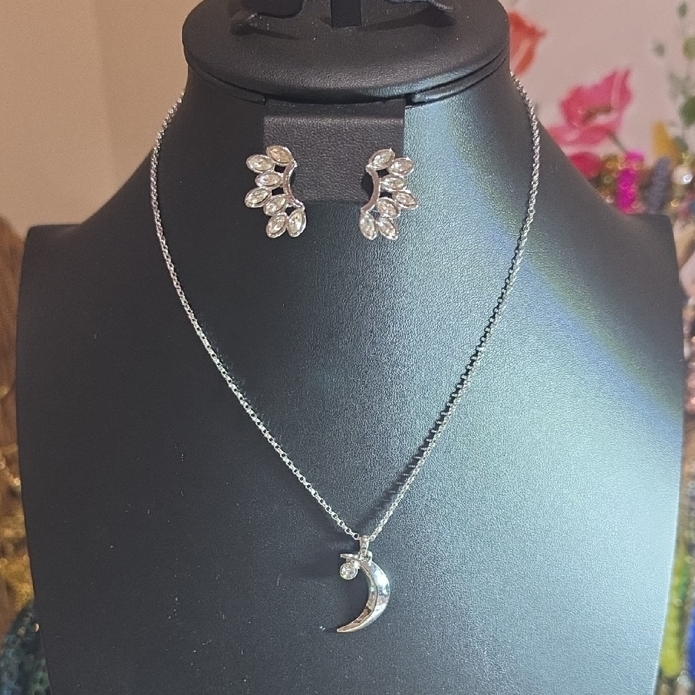 Silver Crescent Moon Necklace and Earring Set